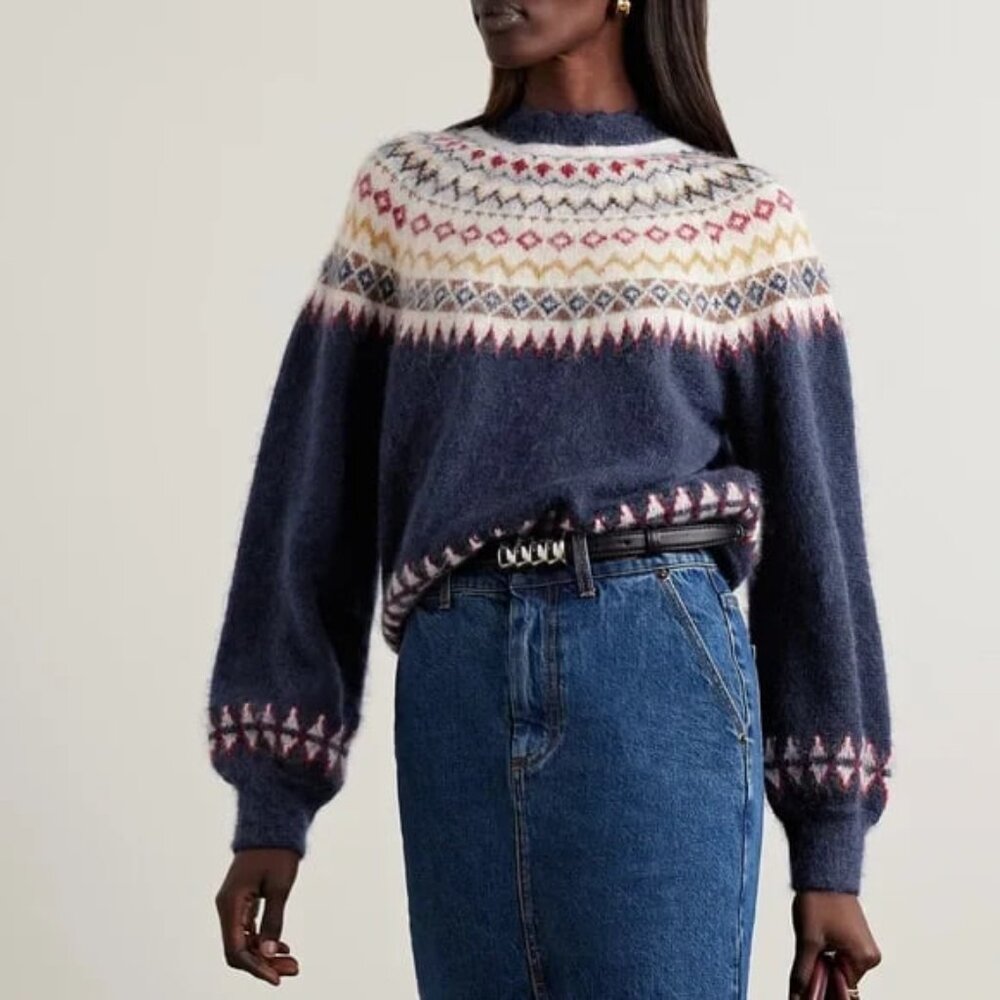 Doen Harvest Mohair Wool Cashmere Knit Print Sweater Top Navy Oslo Fair Isle L